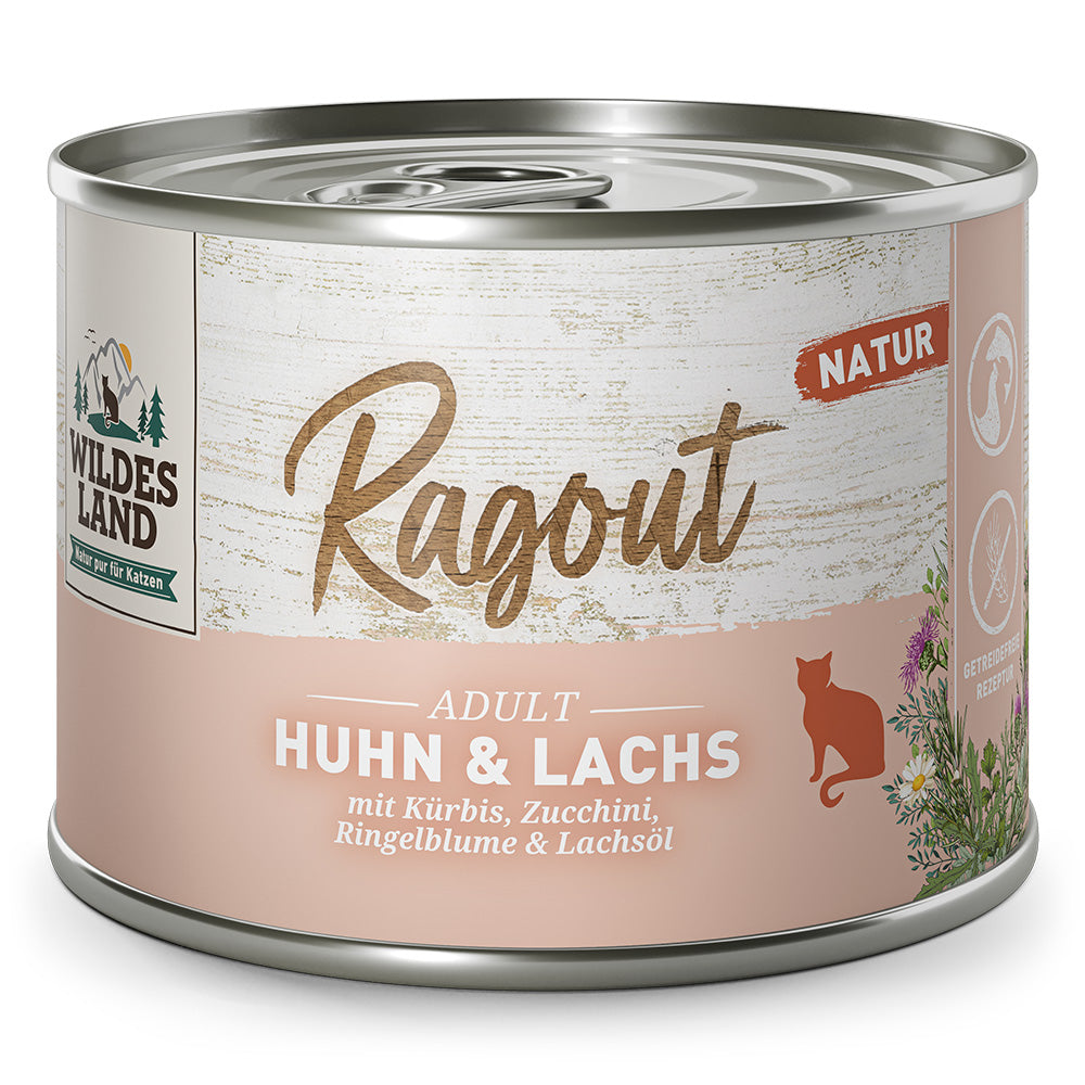 Wildes Land : Ragout Poulet & Saumon avec Carottes, Courgettes, Souci & Huile de saumon