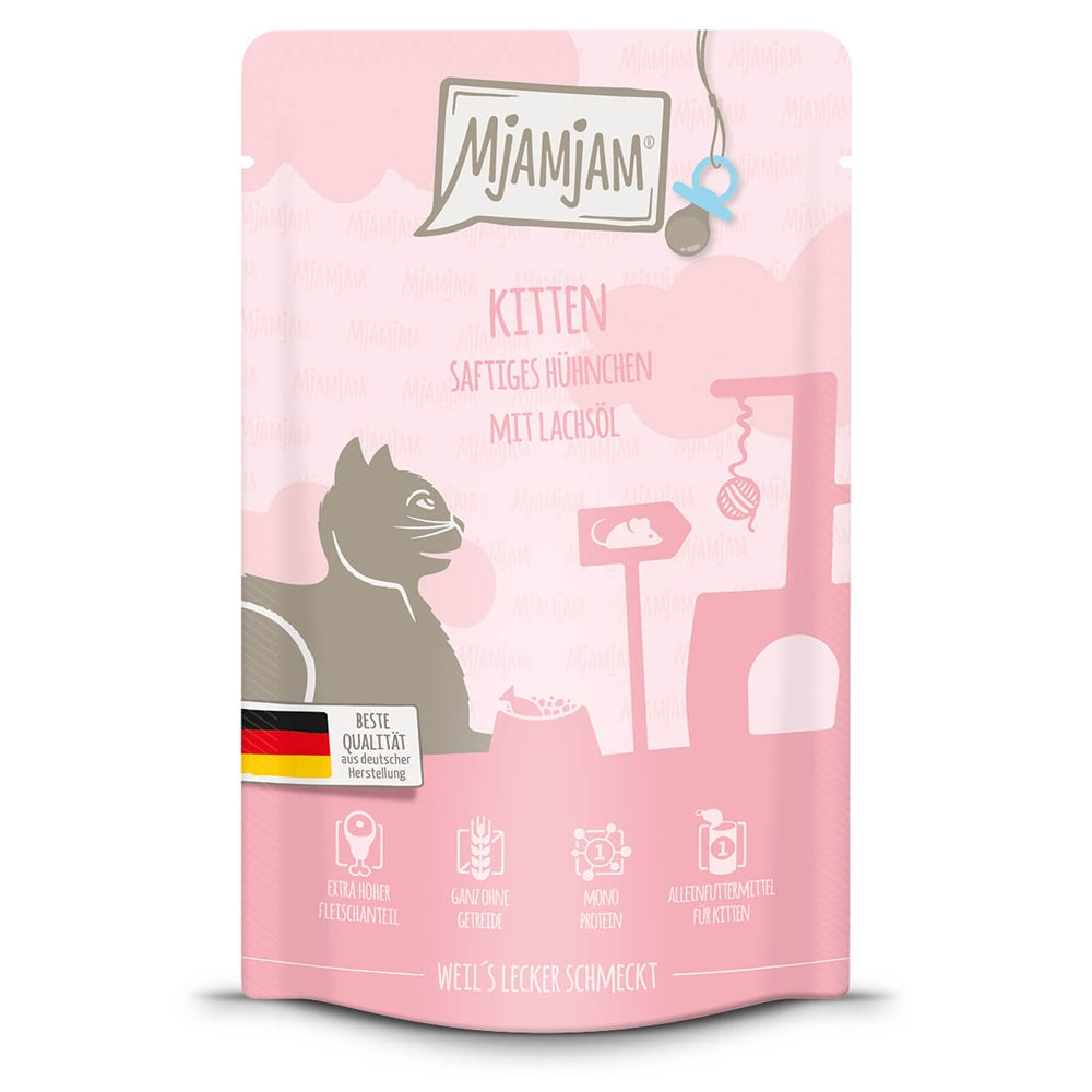 MjAMjAM Cat Quetschie Kitten Saftiges Huhn & Lachsöl